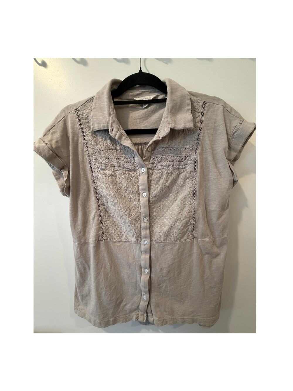 Lucky Brand Light Gray Blouse Embroidery/ Lace 100% Cotton Womens Small